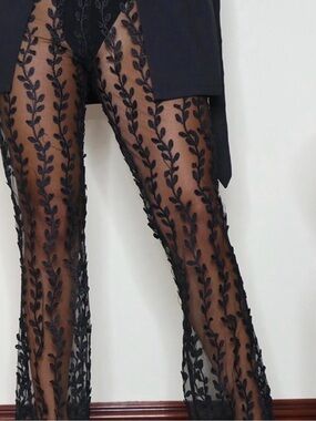 PrettyLittleThing Black Sheer Embroidered Wide-Leg Pants